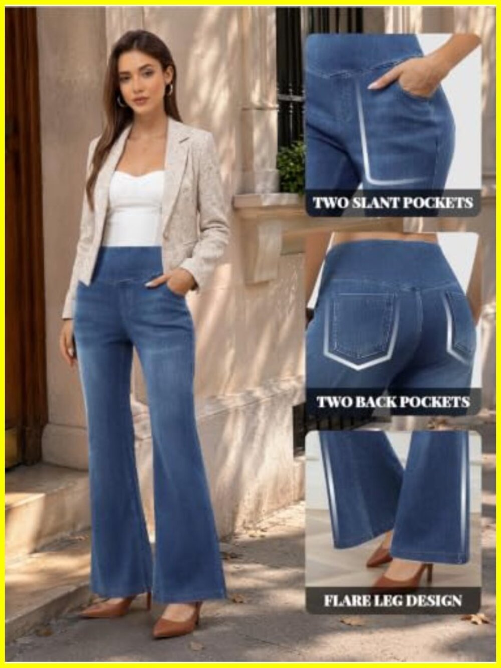 Stretchy Pull On Bootcut Jeans for Women High Rise Flared Denim with Pockets - Picture 4 of 4